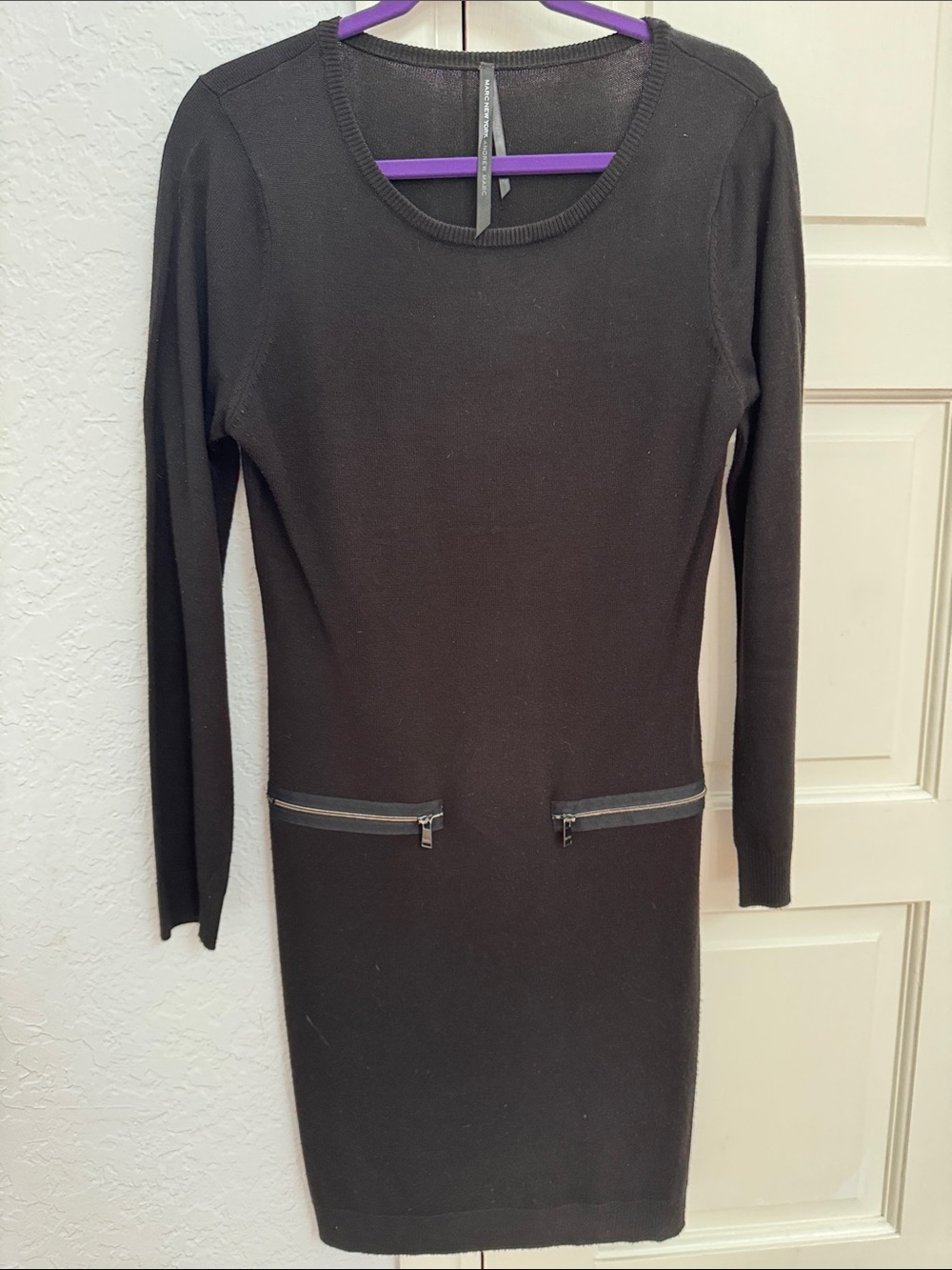 Brown Long-Sleeve Knit Dress with Front Zip Effect